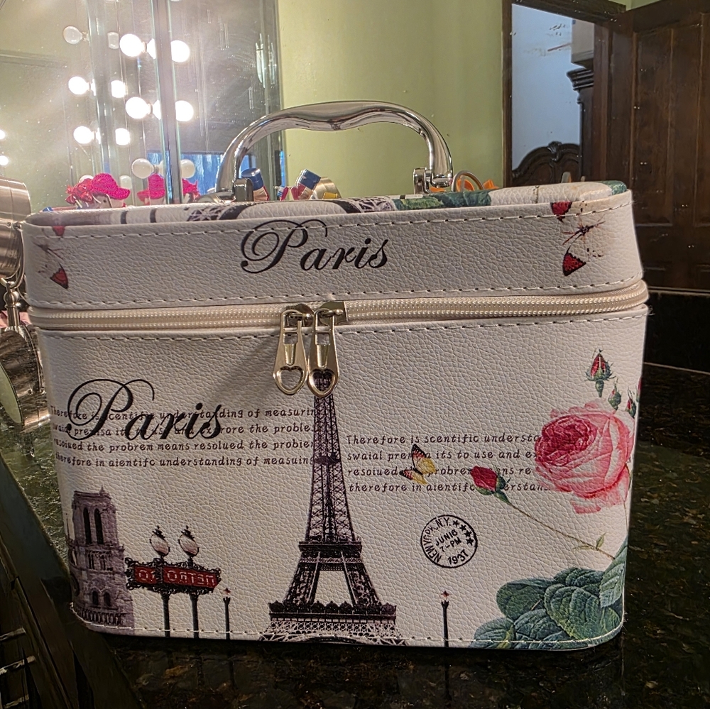 Paris Themed White and Pink Train Women's Cosmetic Case